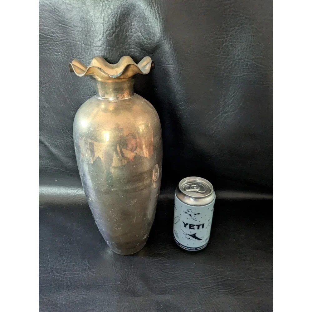 Vintage Brass Ruffled Rim Vase Tall Tapered Fluted Decorative Metal Vessel 12in